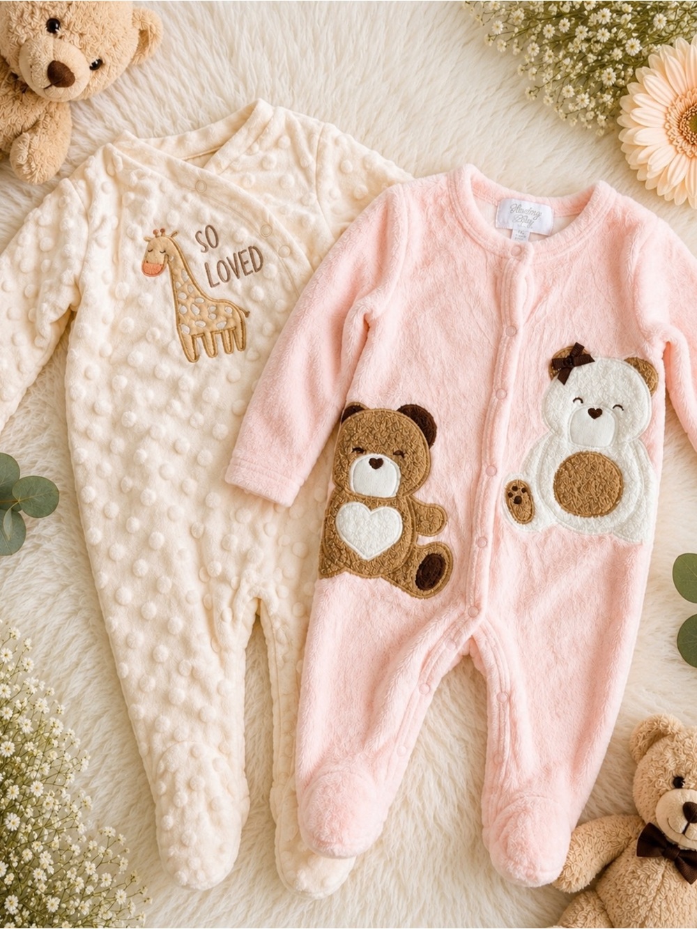 Cozy Plush Baby Footie Romper - Pink & Cream, Adorable Animal Appliqué